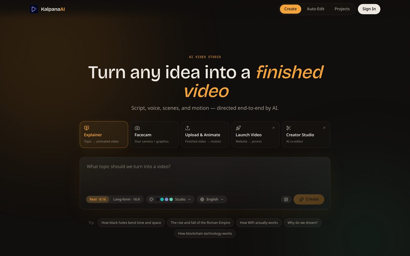 KalpanaAI studio with AI chat, video preview, and scene editing controls