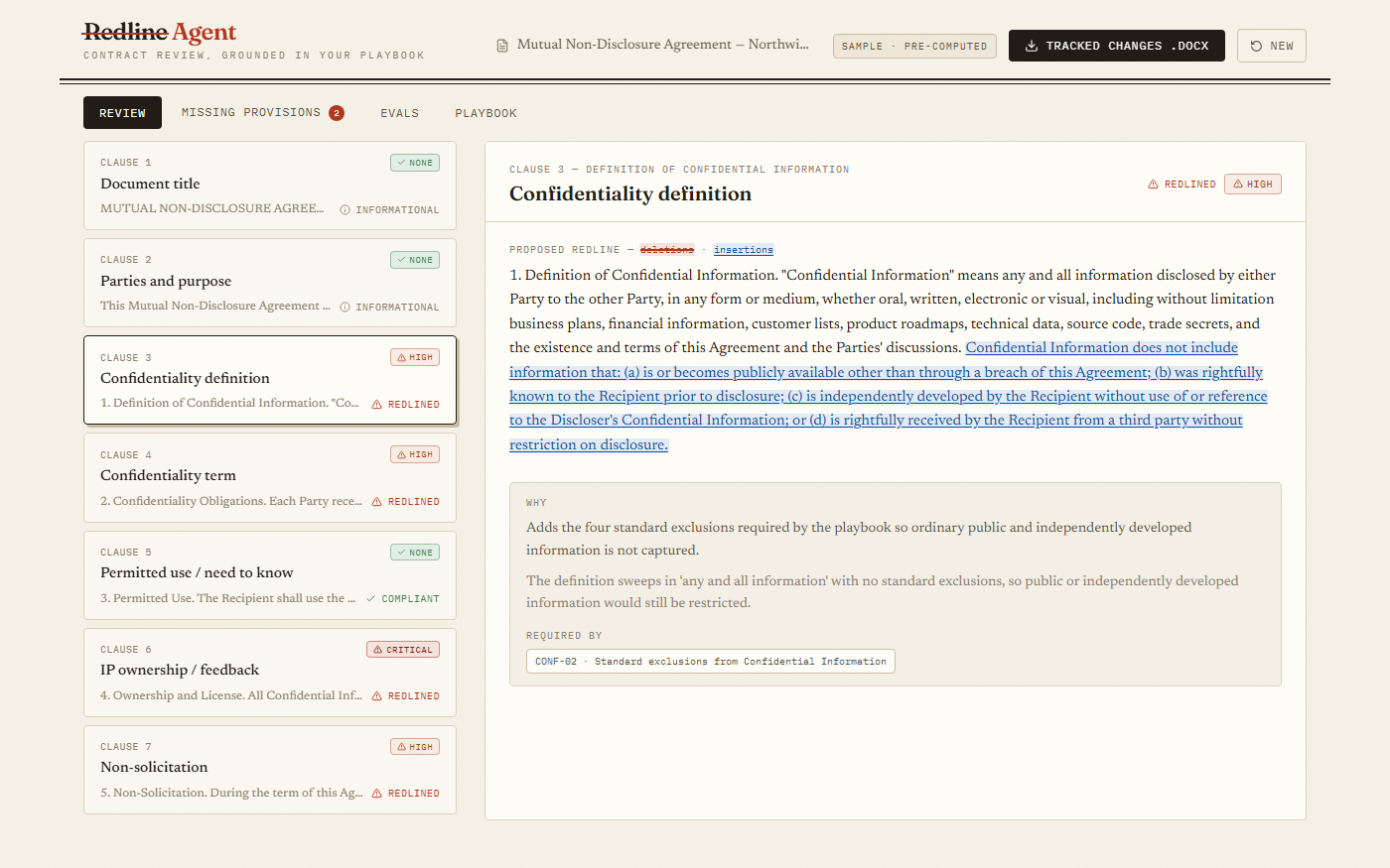 Redline Agent review board: clause list with risk badges and a tracked-changes diff citing playbook rules
