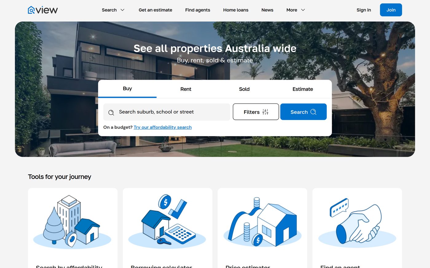 view.com.au homepage: property search Australia-wide